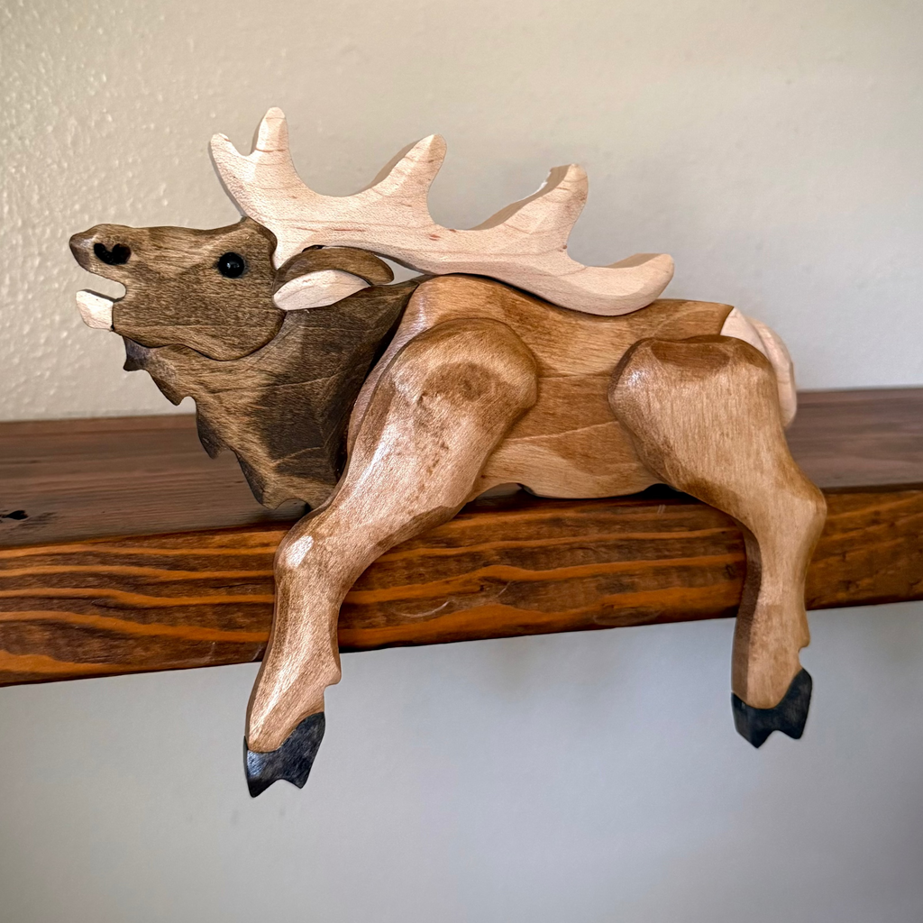 Rustic Wooden Elk Shelf Sitter – Handmade Cabin Decor – Wildlife Lodge Shelf Decor – Montana Inspired Elk Art