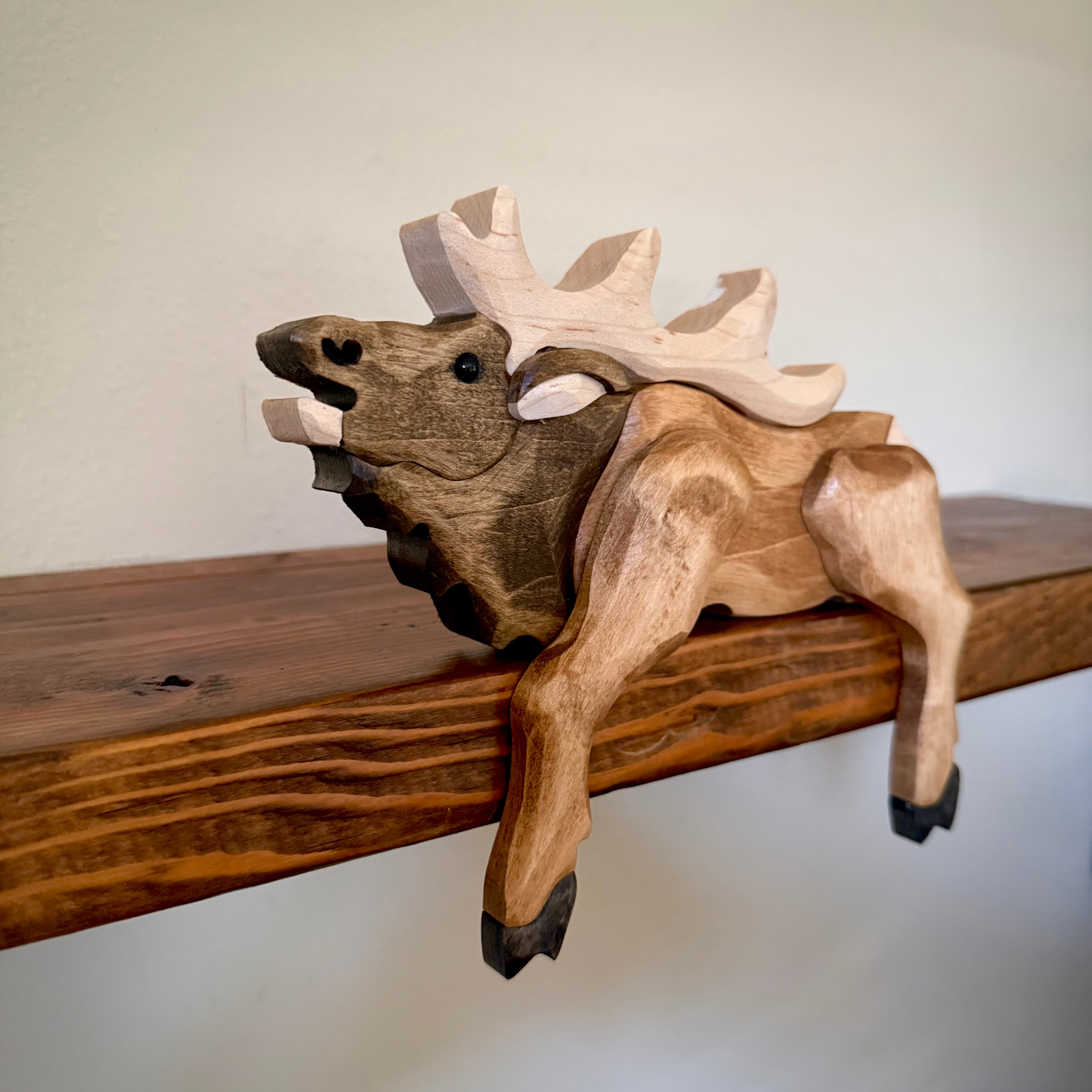 Rustic Wooden Elk Shelf Sitter – Handmade Cabin Decor – Wildlife Lodge Shelf Decor – Montana Inspired Elk Art