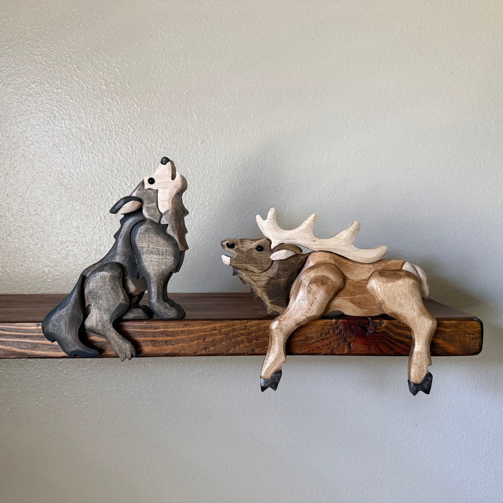Rustic Wooden Elk Shelf Sitter – Handmade Cabin Decor – Wildlife Lodge Shelf Decor – Montana Inspired Elk Art