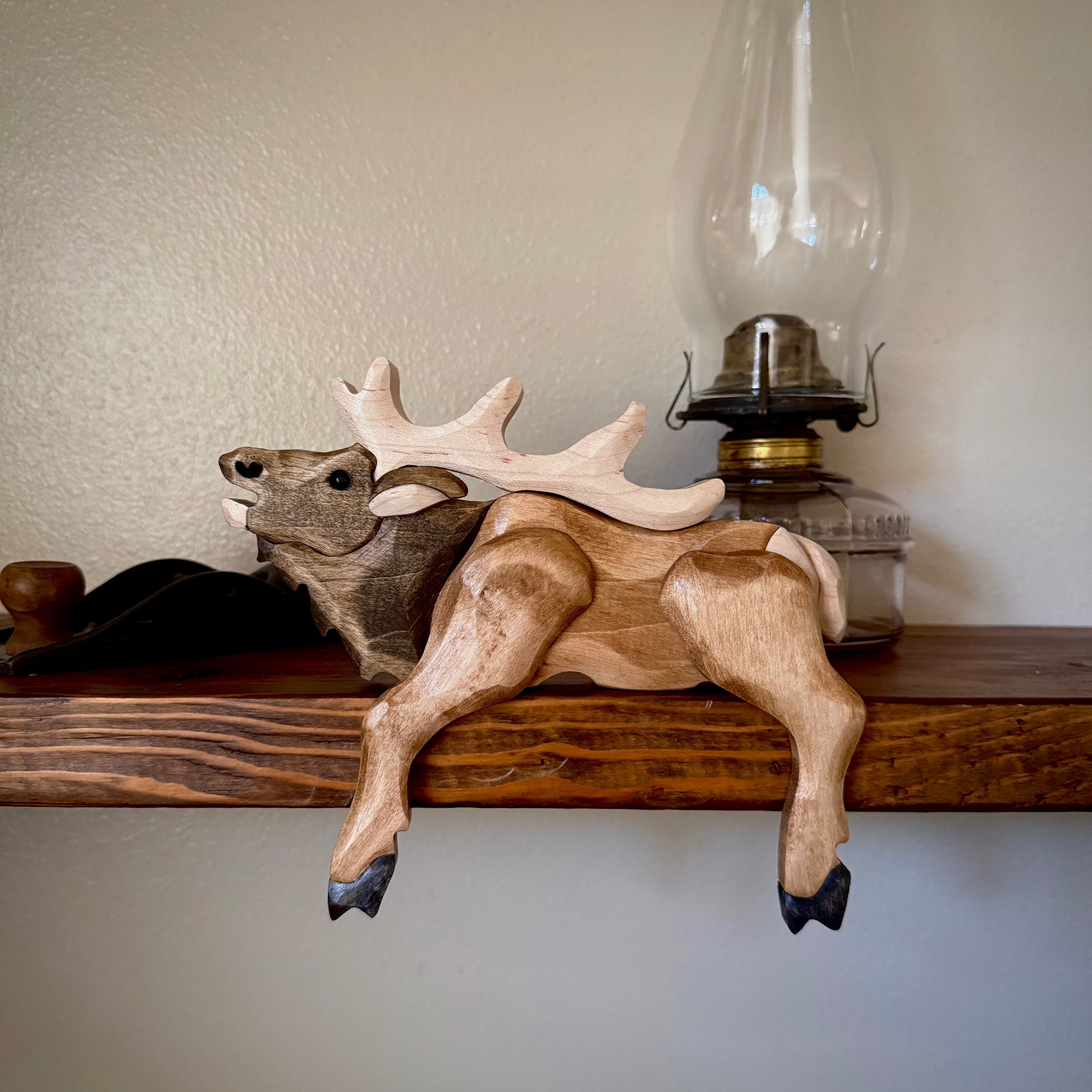 Rustic Wooden Elk Shelf Sitter – Handmade Cabin Decor – Wildlife Lodge Shelf Decor – Montana Inspired Elk Art