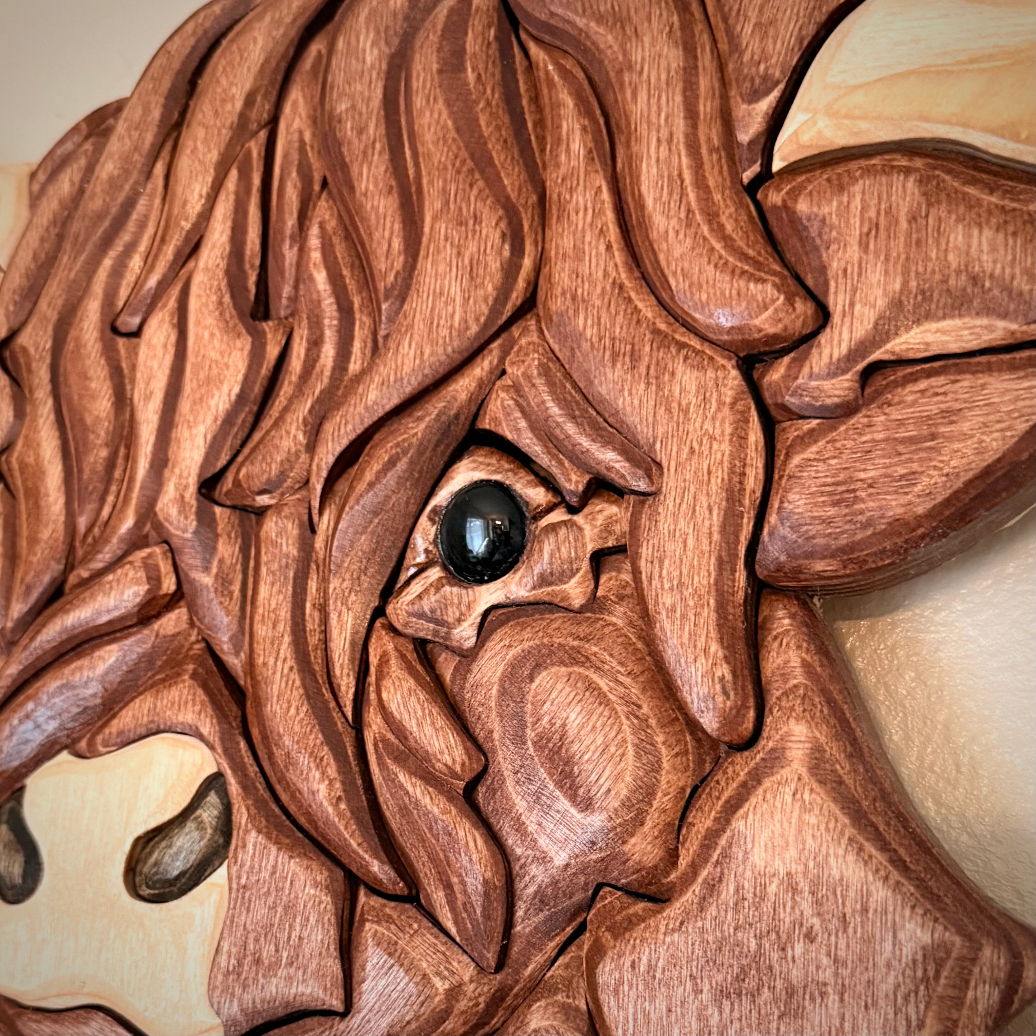 Handmade Highland cow wooden wall art showcasing intricate details and rustic charm, perfect for highland cow home decor.