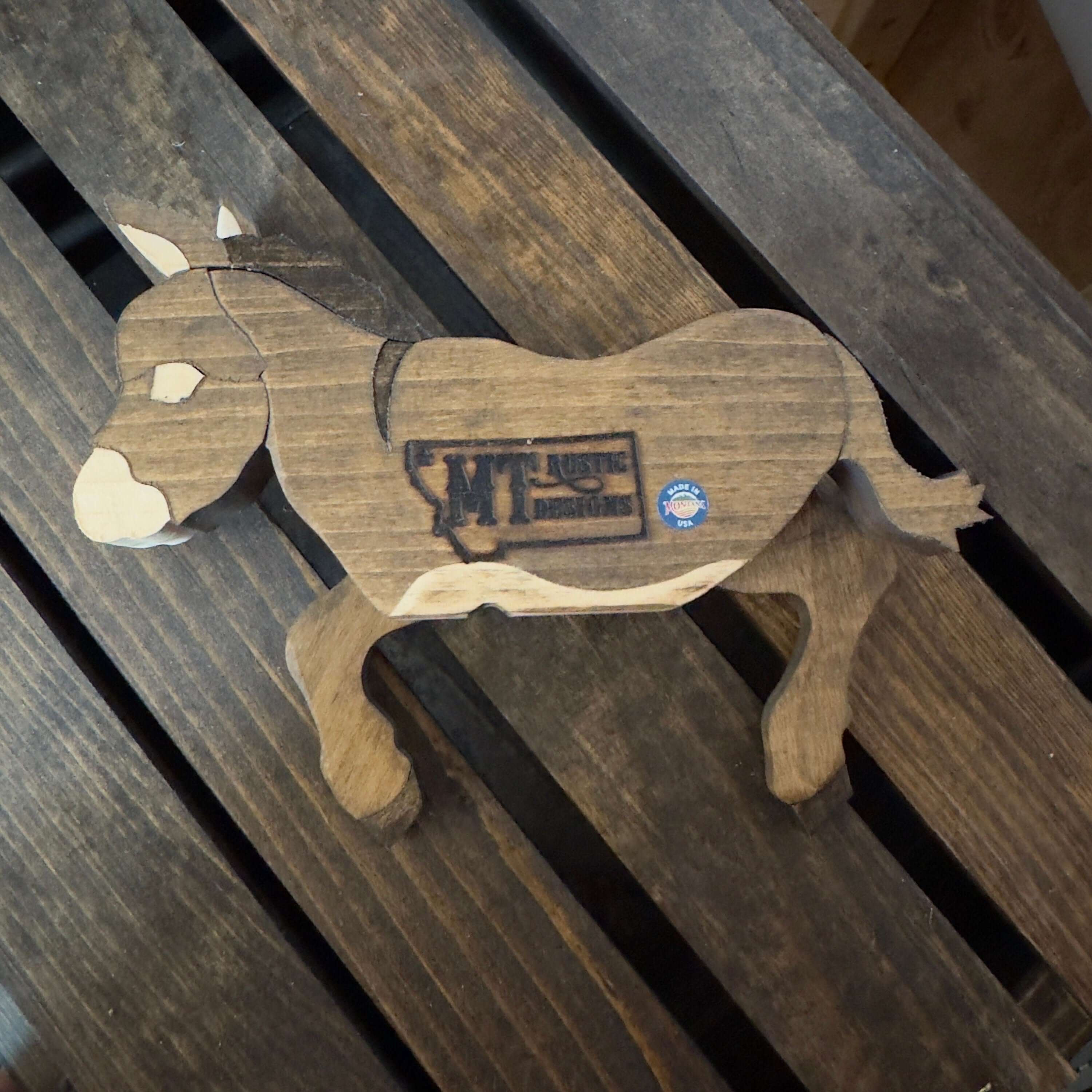 Handmade Wooden Donkey Shelf Sitter | Rustic Farmhouse Donkey Decor on wooden surface.