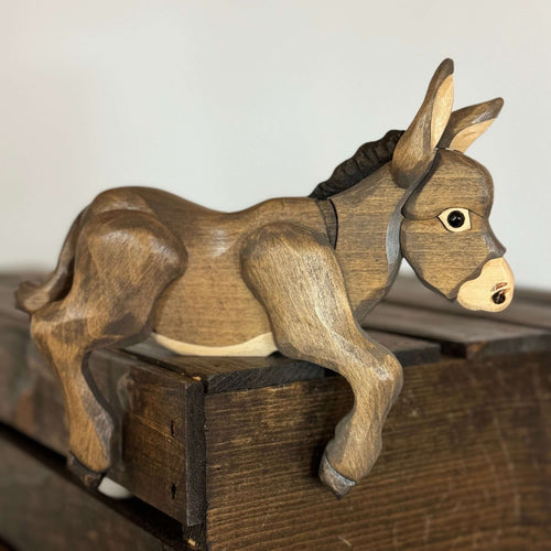 Handmade Wooden Donkey Shelf Sitter | Rustic Farmhouse Donkey Decor displayed on a rustic wooden shelf.