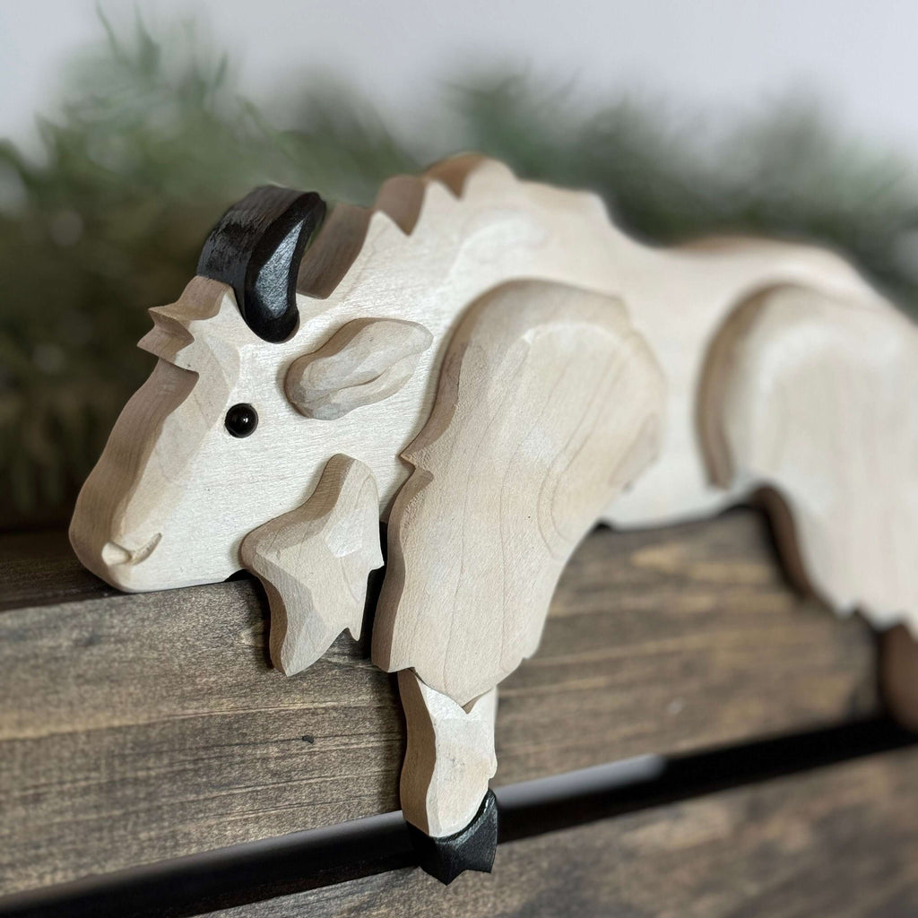 Handmade Wooden Mountain Goat Shelf Sitter | Rustic Cabin Decor