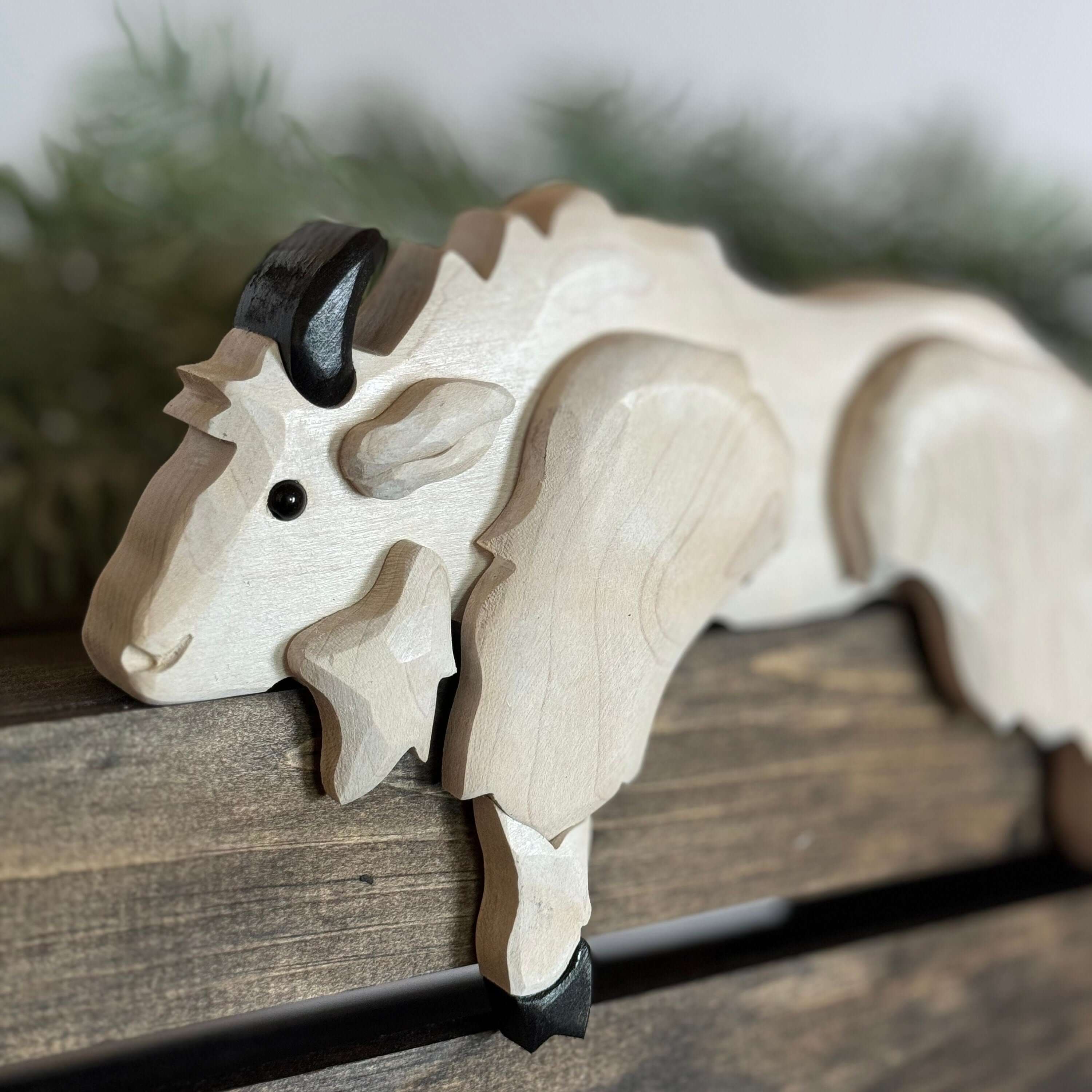 Handmade Wooden Mountain Goat Shelf Sitter | Rustic Cabin Decor