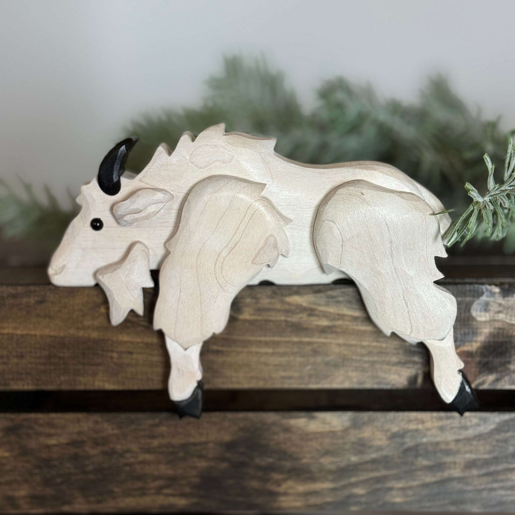 Handmade Wooden Mountain Goat Shelf Sitter | Rustic Cabin Decor