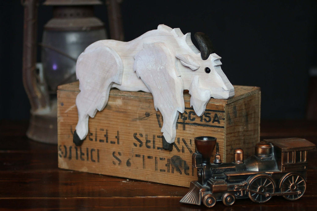 Handmade Wooden Mountain Goat Shelf Sitter | Rustic Cabin Decor