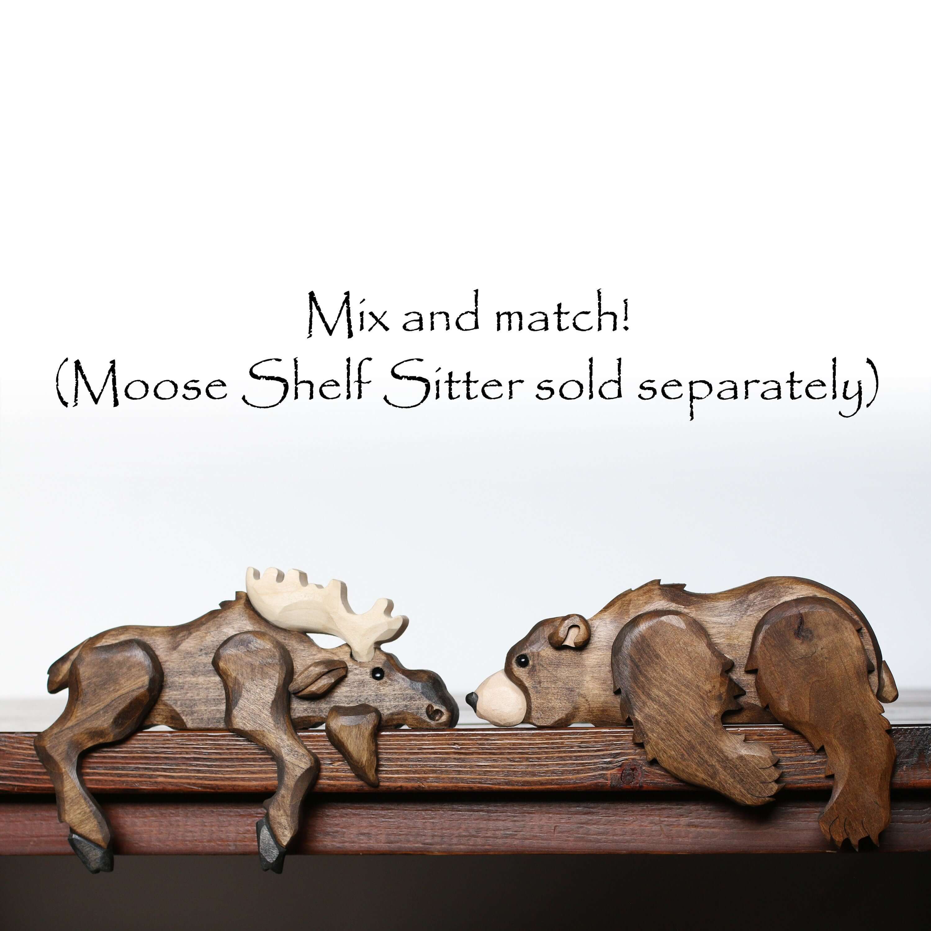 Montana wooden bear shelf decor featuring a wooden bear and moose, perfect for rustic home accents.