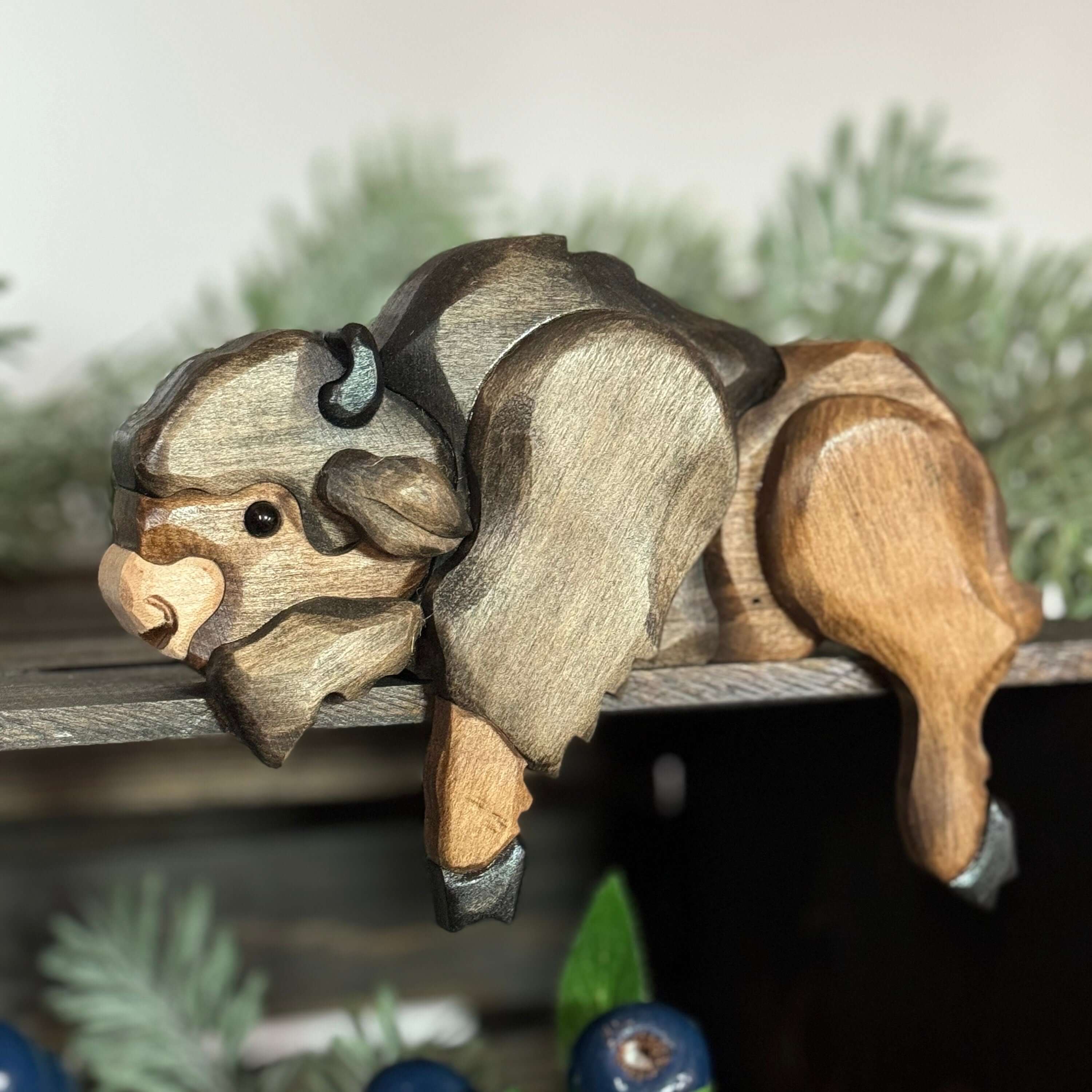 Rustic Wooden Bison Shelf Sitter for Cabin & Lodge Decor – MT