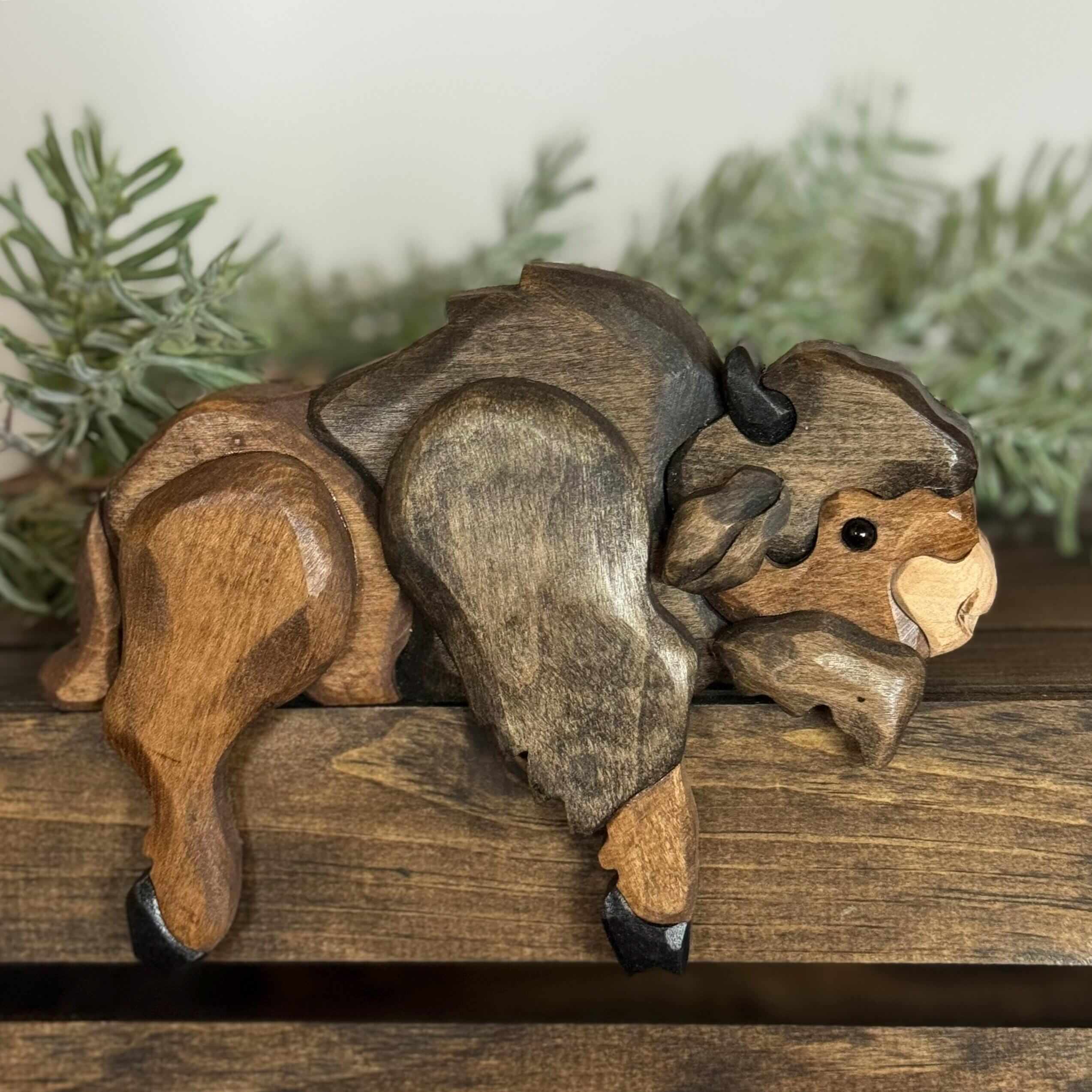Rustic Wooden Bison Shelf Sitter – Farmhouse & Western Home Decor on a rustic wood surface.