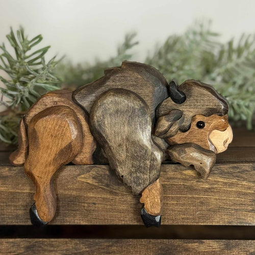 Handmade Wooden Bison Shelf Sitter – Rustic Western Cabin Decor – Montana Buffalo Decor – Lodge Style Shelf Accent
